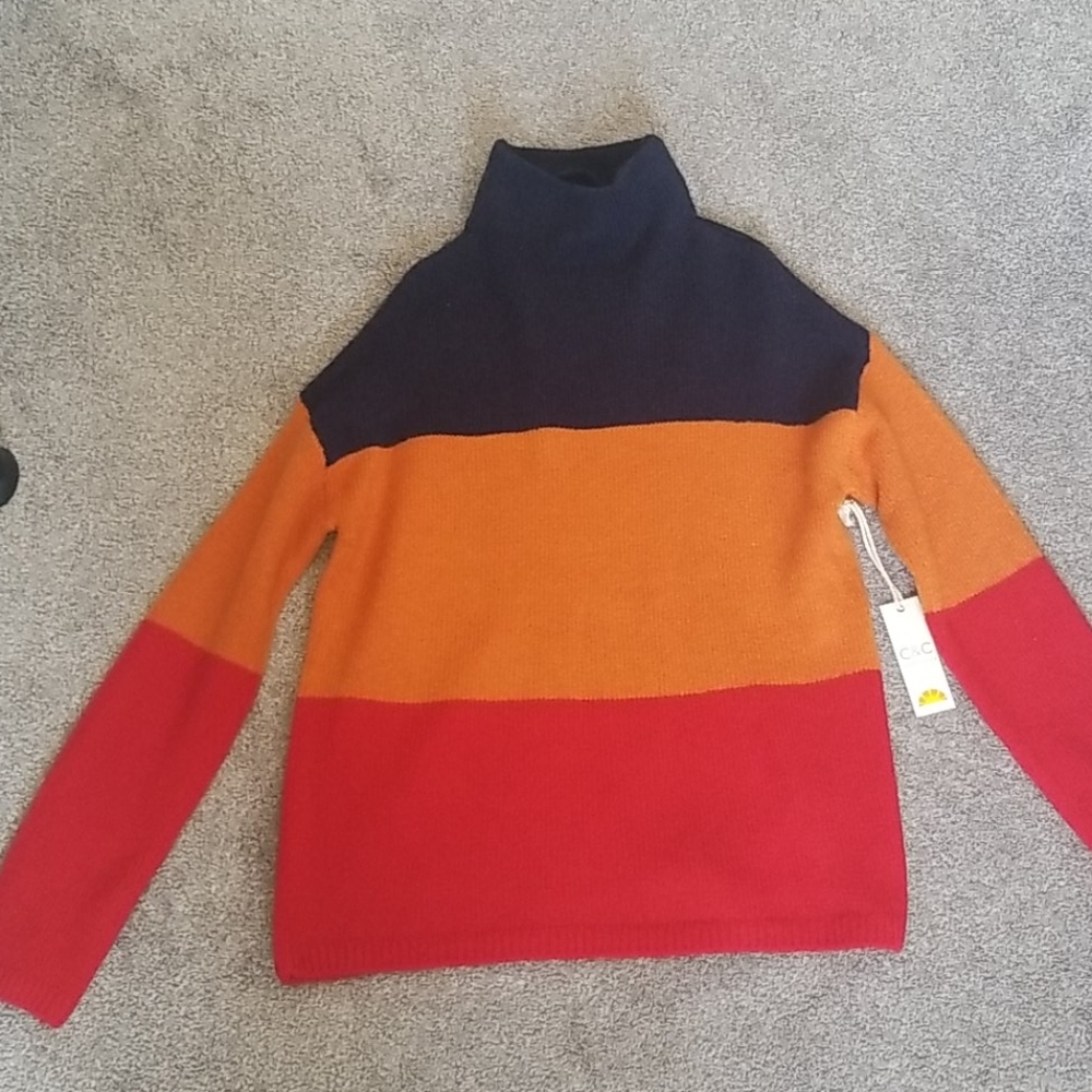 A Blue, Orange, and Red sweater